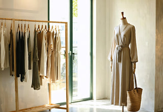 Elegant woven dresses in neutral tones on display for your modest and stylish wardrobe choices