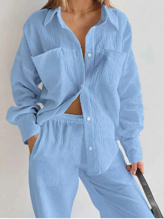 Texture Button Up Long Sleeve Shirt and Pants Set - By Baano