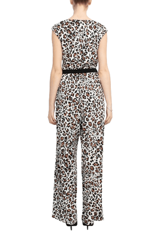 Emma & Michele V - Neck Elastic Waist Sleeveless Tie Waist Animal Print ITY Jumpsuit - Glamourous Grace