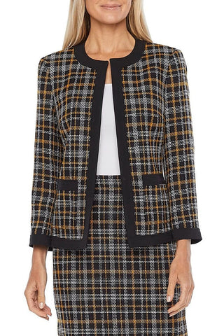 Black Label by Evan Picone Open Front Long Sleeve 2 Front Slip Pockets Plaid Woven Jacket - Glamourous Grace