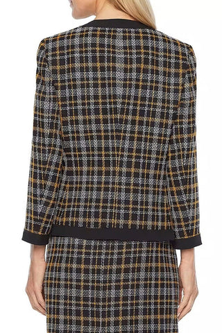 Black Label by Evan Picone Open Front Long Sleeve 2 Front Slip Pockets Plaid Woven Jacket - Glamourous Grace
