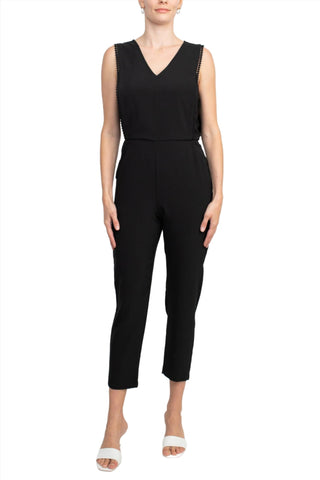 Taylor V - Neck Sleeveless Embellished Keyhole Zipper Back Solid Crepe Jumpsuit - Glamourous Grace