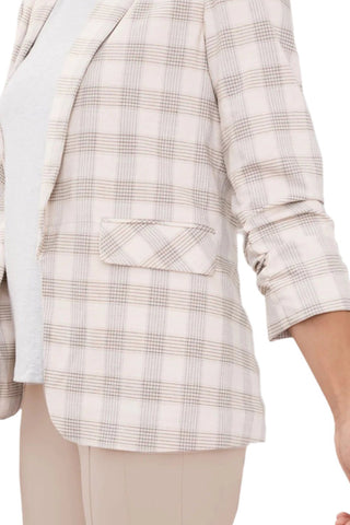 Peace of Cloth Lapel Collar Ruched Sleeve Plaid Crepe Blazer - Glamourous Grace