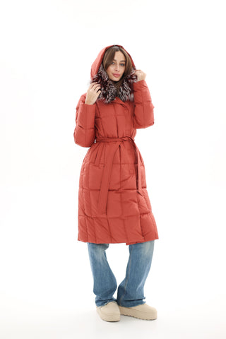 Genuine Silver Fox Fur Trim Down Coat