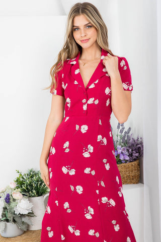 Floral Wine Buttons Midi Dress