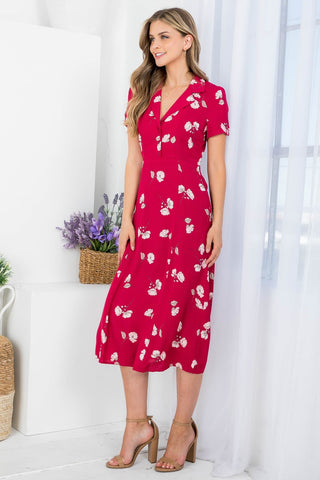 Floral Wine Buttons Midi Dress