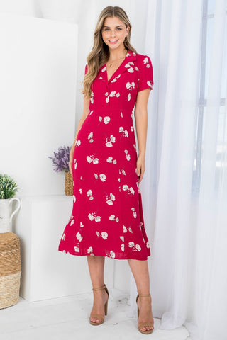 Floral Wine Buttons Midi Dress