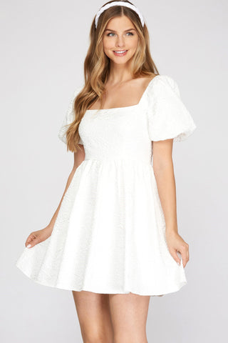 Jacquard Puff-Sleeve Babydoll-Dress