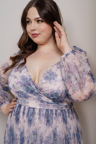 Print Flower Mesh Long Sleeve Maxi Dress