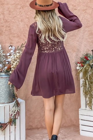 Plum Lace Bell Sleeves Dress