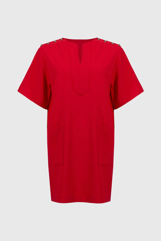 Woven Short Sleeve Straight Dress- Radiant Red
