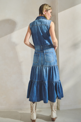 Western Tiered Denim Maxi Dress