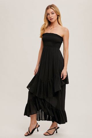 Strapless Tiered Ruffle Midi Dress