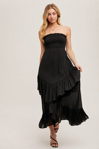 Strapless Tiered Ruffle Midi Dress