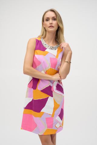 Poplin Abstract Print Trapeze Dress- Vanilla/Multi