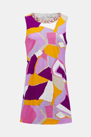 Poplin Abstract Print Trapeze Dress- Vanilla/Multi
