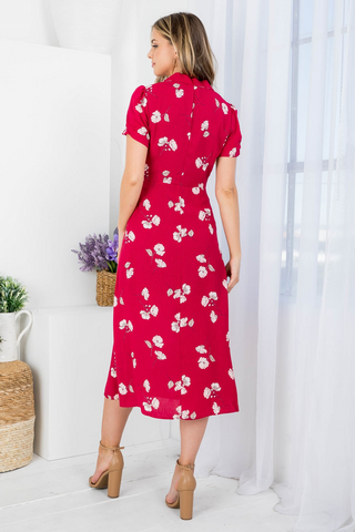 Floral Wine Buttons Midi Dress