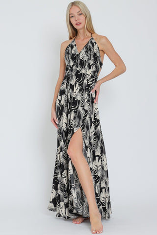 HALTER SMOCKED ELASTIC BACK WAISTED MAXI DRESS