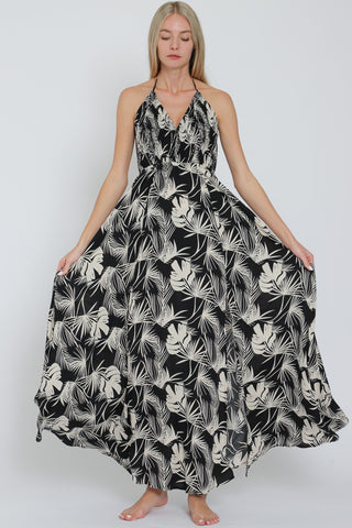 HALTER SMOCKED ELASTIC BACK WAISTED MAXI DRESS