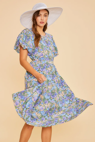 Garden Floral Puff Midi Dress