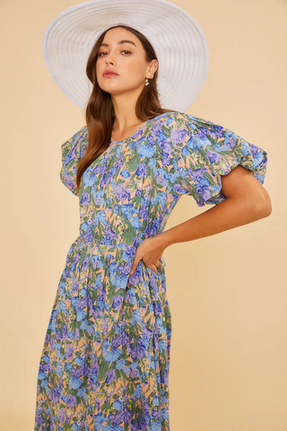 Garden Floral Puff Midi Dress