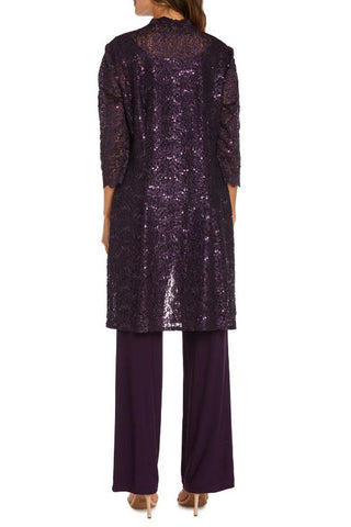 R&M Richards Metallic Lace Tank Top and Pant Set with Sheer Lace Jacket
