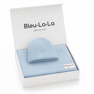 Luxe Collection 100% Organic Cotton Luxury Knit Baby Blanket + Hat Set with Gift Box Bleu La La