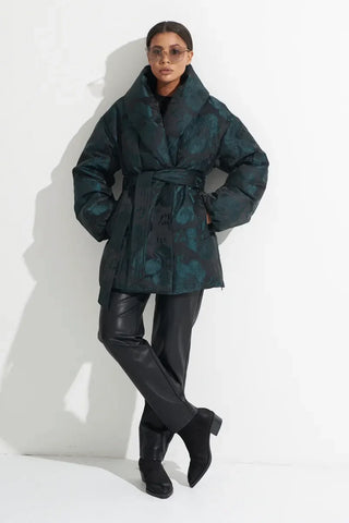 Monochrome Jacquard Down Coat in Vintage Emerald - By Baano