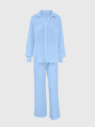 Texture Button Up Long Sleeve Shirt and Pants Set - By Baano