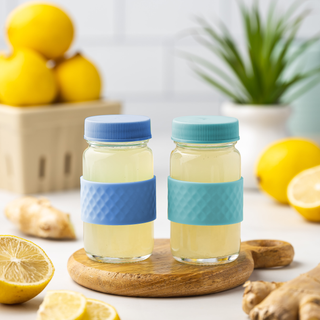 Glass Juice Shot Bottles Set w/ Colored Lids & Grip Bands, 8 Pack Set, 2oz