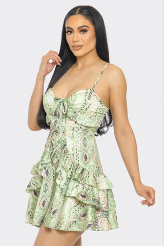 Multi Green Animal Print Layered Mini Dress – Adjustable Bra Straps & Stretch Back