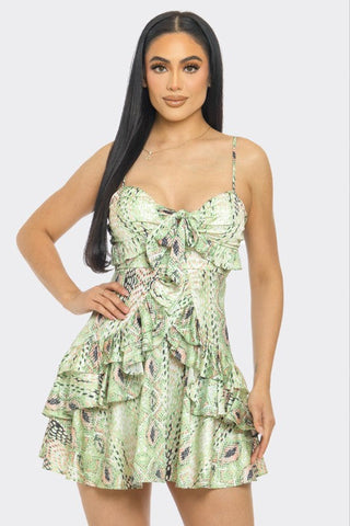 Multi Green Animal Print Layered Mini Dress – Adjustable Bra Straps & Stretch Back