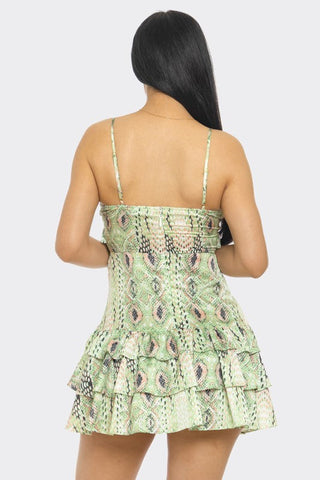 Multi Green Animal Print Layered Mini Dress – Adjustable Bra Straps & Stretch Back