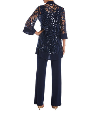 R&M Richards Scoop Neckline Top Sequin Jacket Straight Hemline Pant Suit Set Dress with Detachable Necklace
