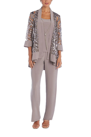 R&M Richards Scoop Neckline Top Sequin Jacket Straight Hemline Pant Suit Set Dress with Detachable Necklace