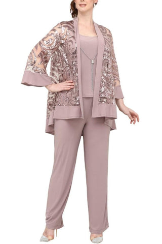 R&M Richards Scoop Neckline Top Sequin Jacket Straight Hemline Pant Suit Set Dress with Detachable Necklace