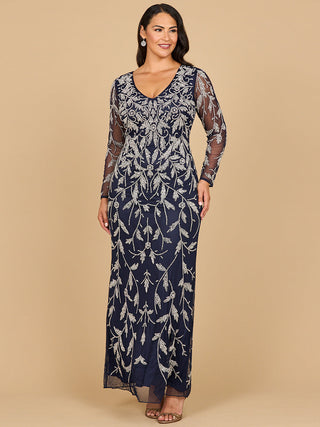 Lara 28870- Long Sleeve Contrast Beaded Gown