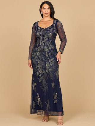 Long Sleeve Queen Anne Beaded Gown