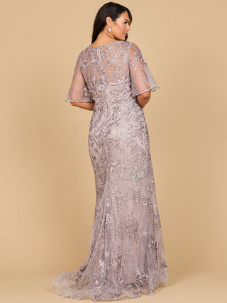 Lara 28880- Overskirt Lace Fitted V-Neck Gown with Cape Sleeves