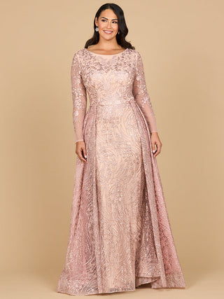 Lara 28883- Long Sleeve Gown with Overskirt & Illusion Neckline - By Baano