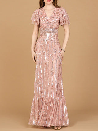 Elegant Beaded Gown with Flutter Sleeves - By Baano