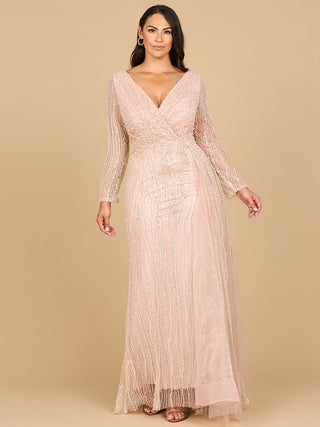Long Sleeve V-Neck Gown with Drape - By Baano