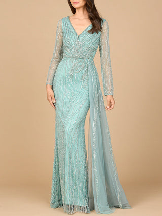 Long Sleeve V-Neck Gown with Drape - By Baano