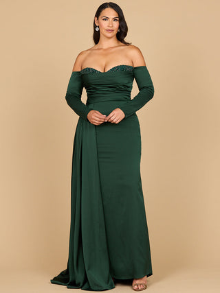 Lara 28936 - Off Shoulder Satin Dress with Beaded Details