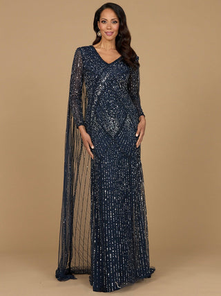 Long Sleeve Beaded Gown with Cape Lara New York