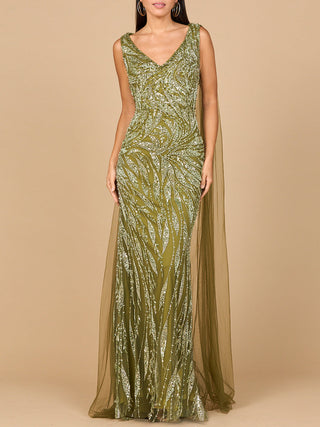 V-Neck Gown with Long Cape Sleeves - By Baano