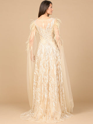 V-Neck Lace Gown with Cape Sleeves - By Baano