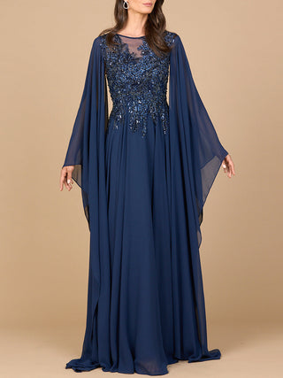 Chiffon A-line Long Gown with Cape Sleeves - By Baano