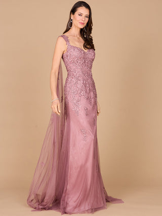 Embroidered Lace Gown with Flowing Capes - By Baano