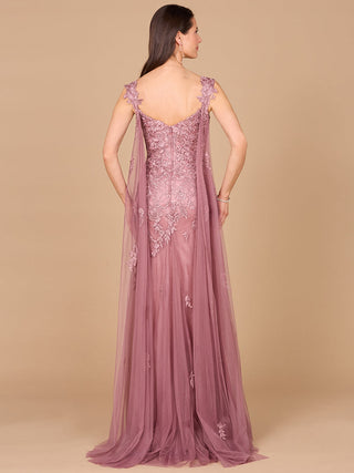 Embroidered Lace Gown with Flowing Capes - By Baano